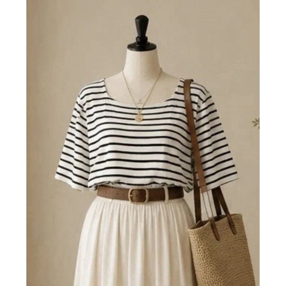 Croft & Barrow 100% Cotton Women’s Crew Neck Striped Top Size XL Black/White